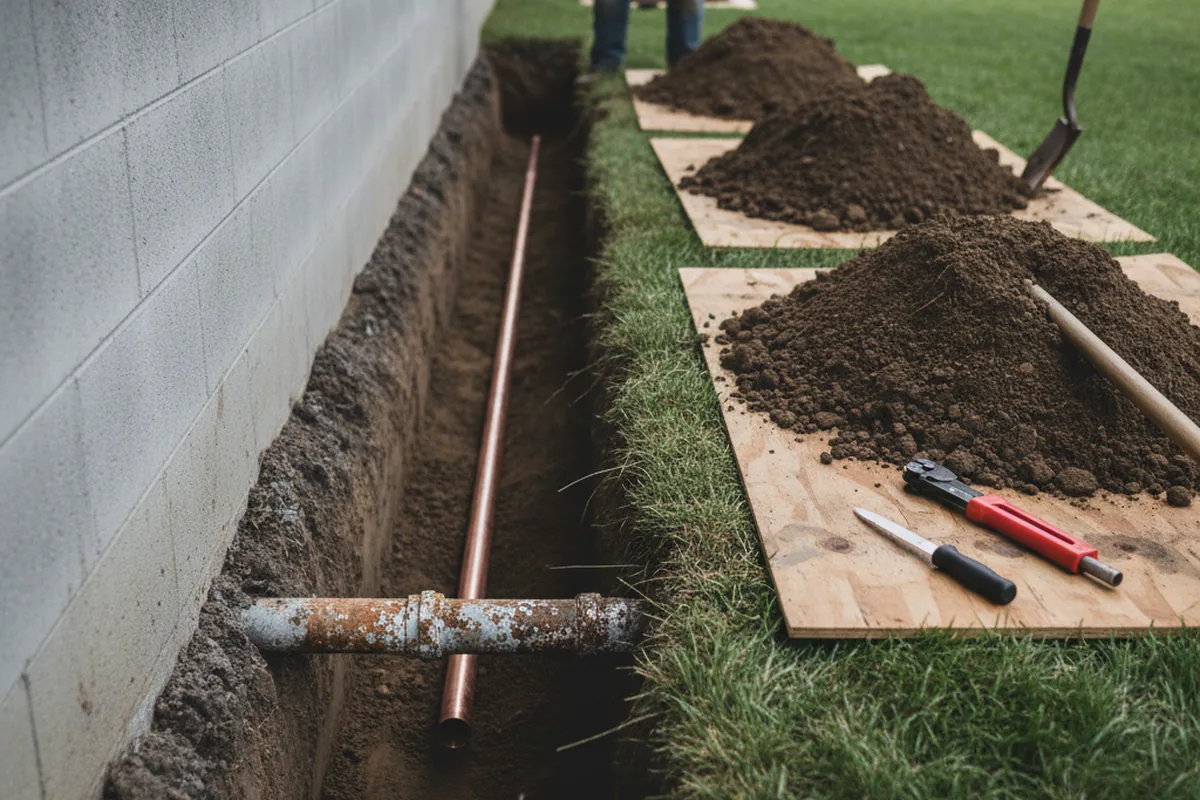 Excavated water line trench during Sewer Line Repair in Fort Wayne